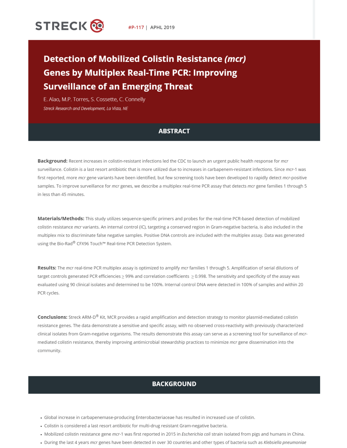 Poster: Detection of Mobilized Colistin Resistance (mcr) Genes by Multiplex Real-Time PCR: Improving Surveillance of an Emerging Threat