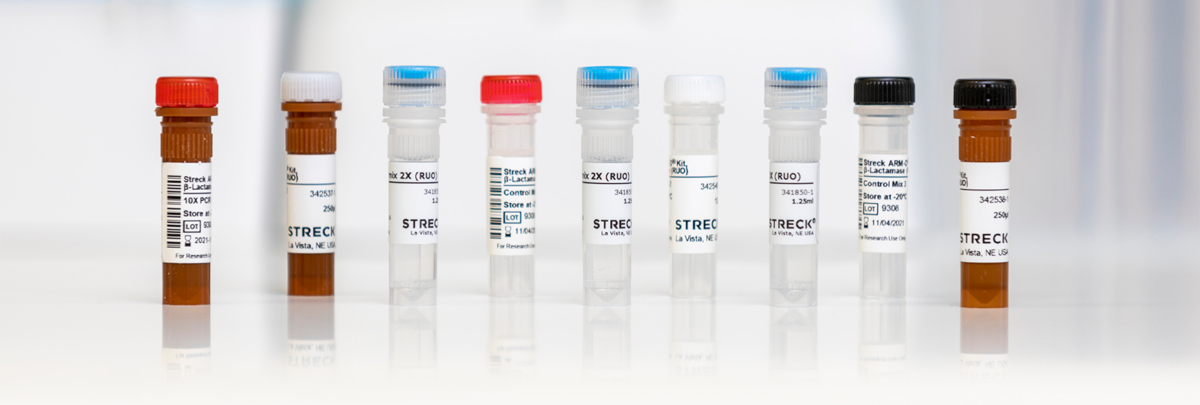 Streck ARM-D Kit and B-Lactamase test tubes for laboratory diagnostics, displayed in a row with product labels.
