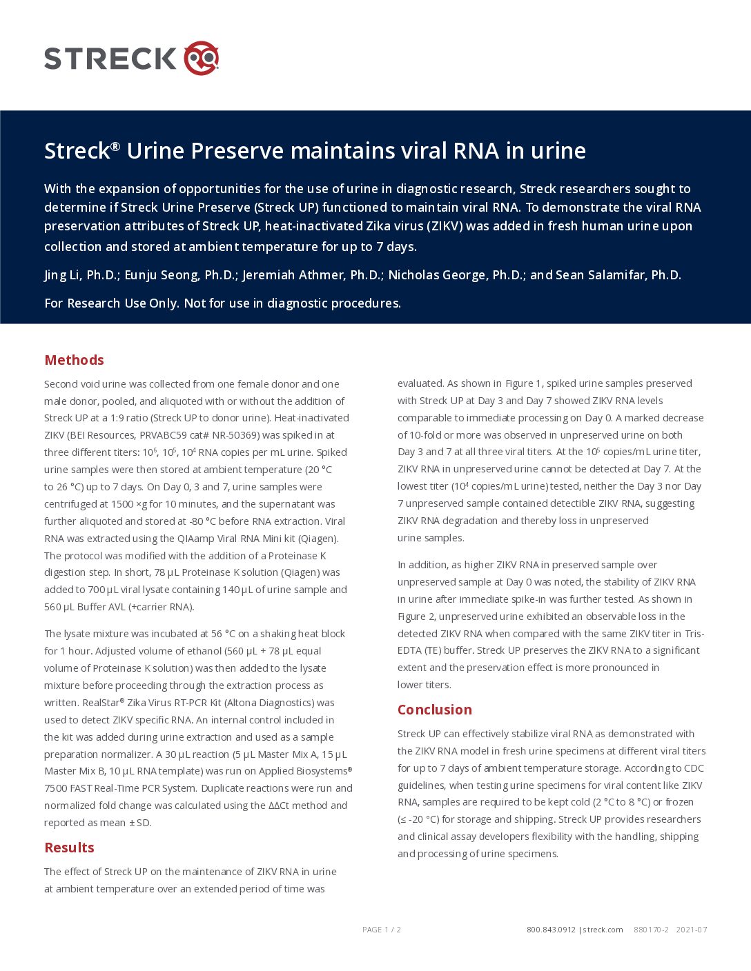 Streck Urine Preserve maintains viral RNA in urine